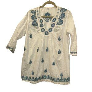 calypso white cornflower blue embroidered flowers kurti tunic top XL